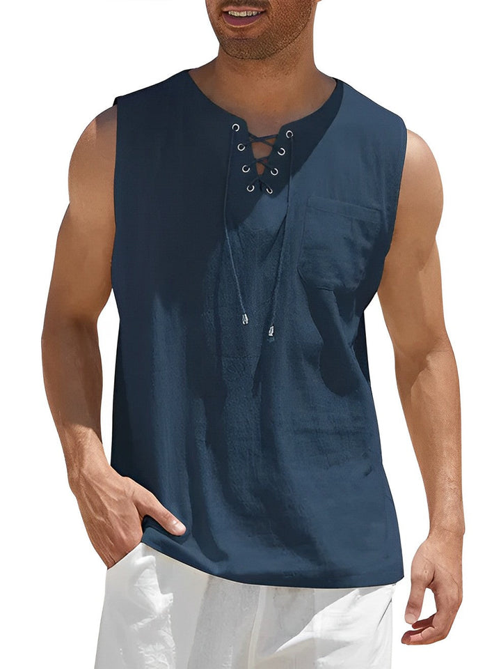 Miesten kevyt puuvillainen hengittävä tanktop, valkoinen, hihaton, rento ja urheilullinen look kesäksi.