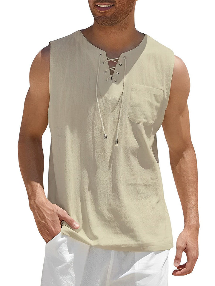 Miesten kevyt puuvillainen hengittävä tanktop, valkoinen, hihaton, rento ja urheilullinen look kesäksi.