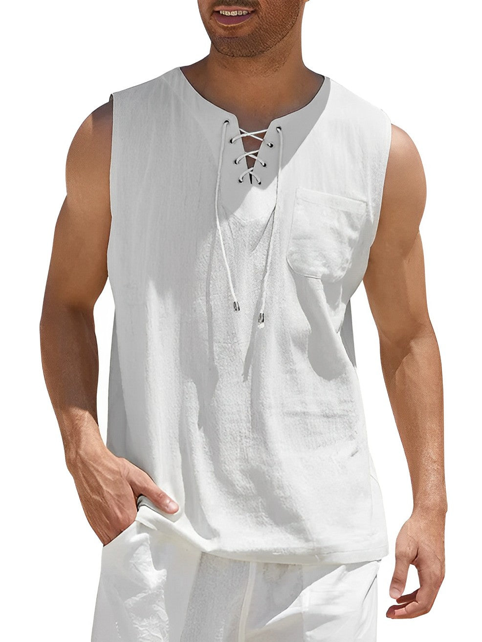 Miesten kevyt puuvillainen hengittävä tanktop, valkoinen, hihaton, rento ja urheilullinen look kesäksi.