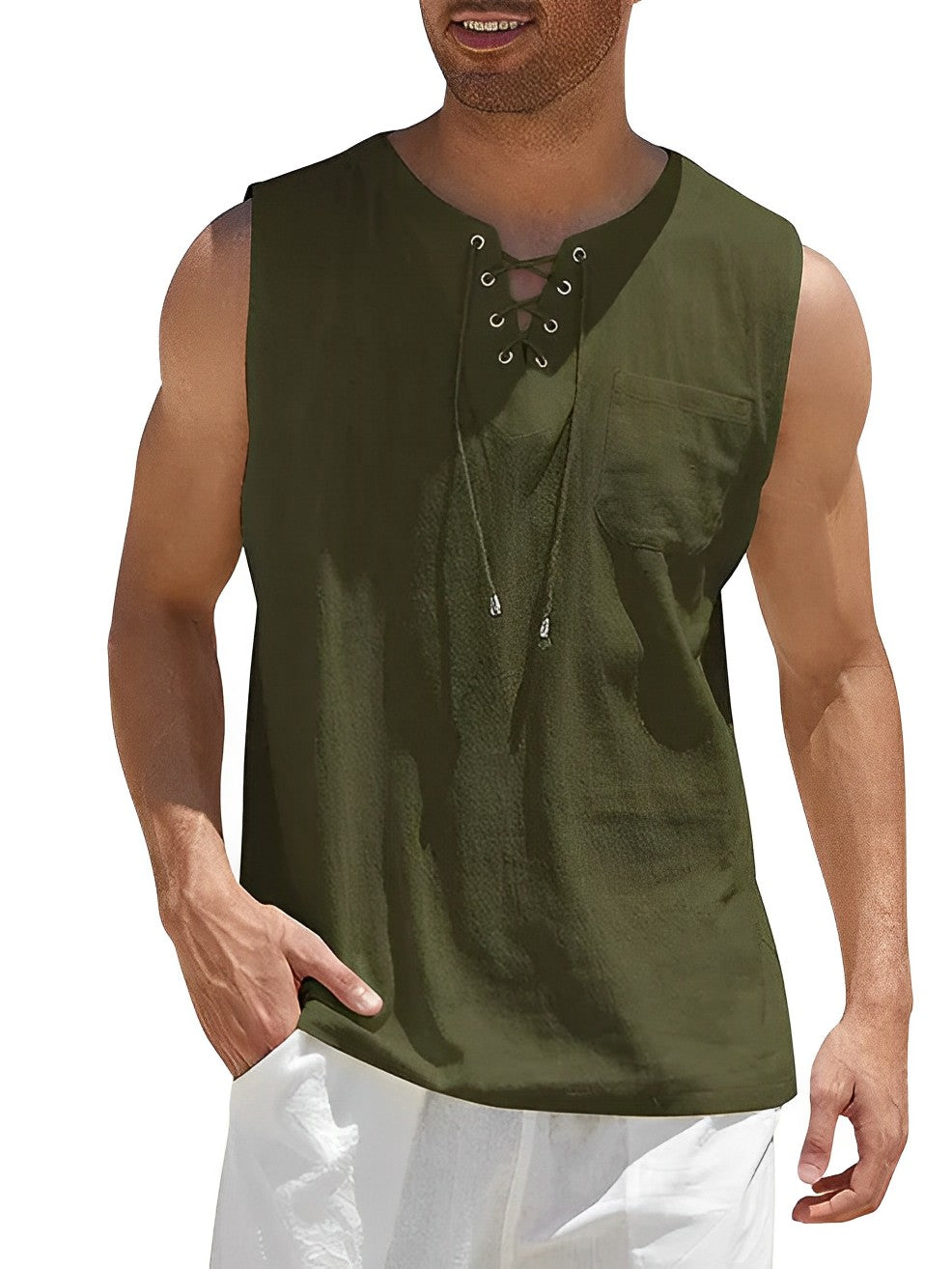 Miesten kevyt puuvillainen hengittävä tanktop, valkoinen, hihaton, rento ja urheilullinen look kesäksi.