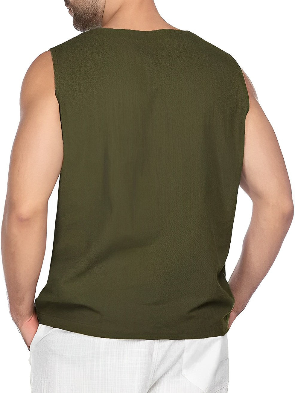 Miesten kevyt puuvillainen hengittävä tanktop, valkoinen, hihaton, rento ja urheilullinen look kesäksi.
