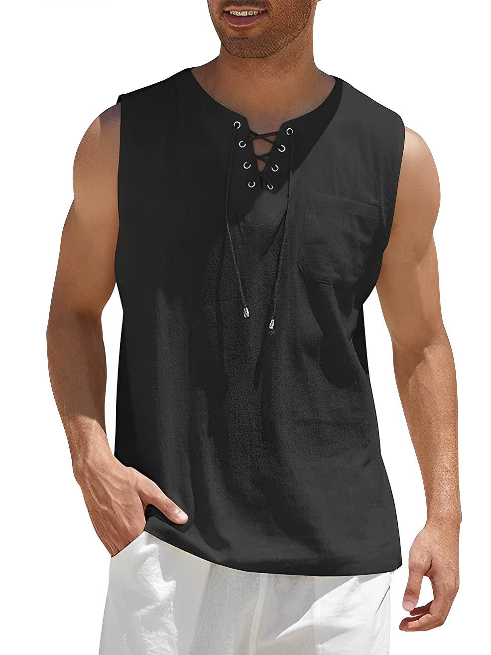 Miesten kevyt puuvillainen hengittävä tanktop, valkoinen, hihaton, rento ja urheilullinen look kesäksi.