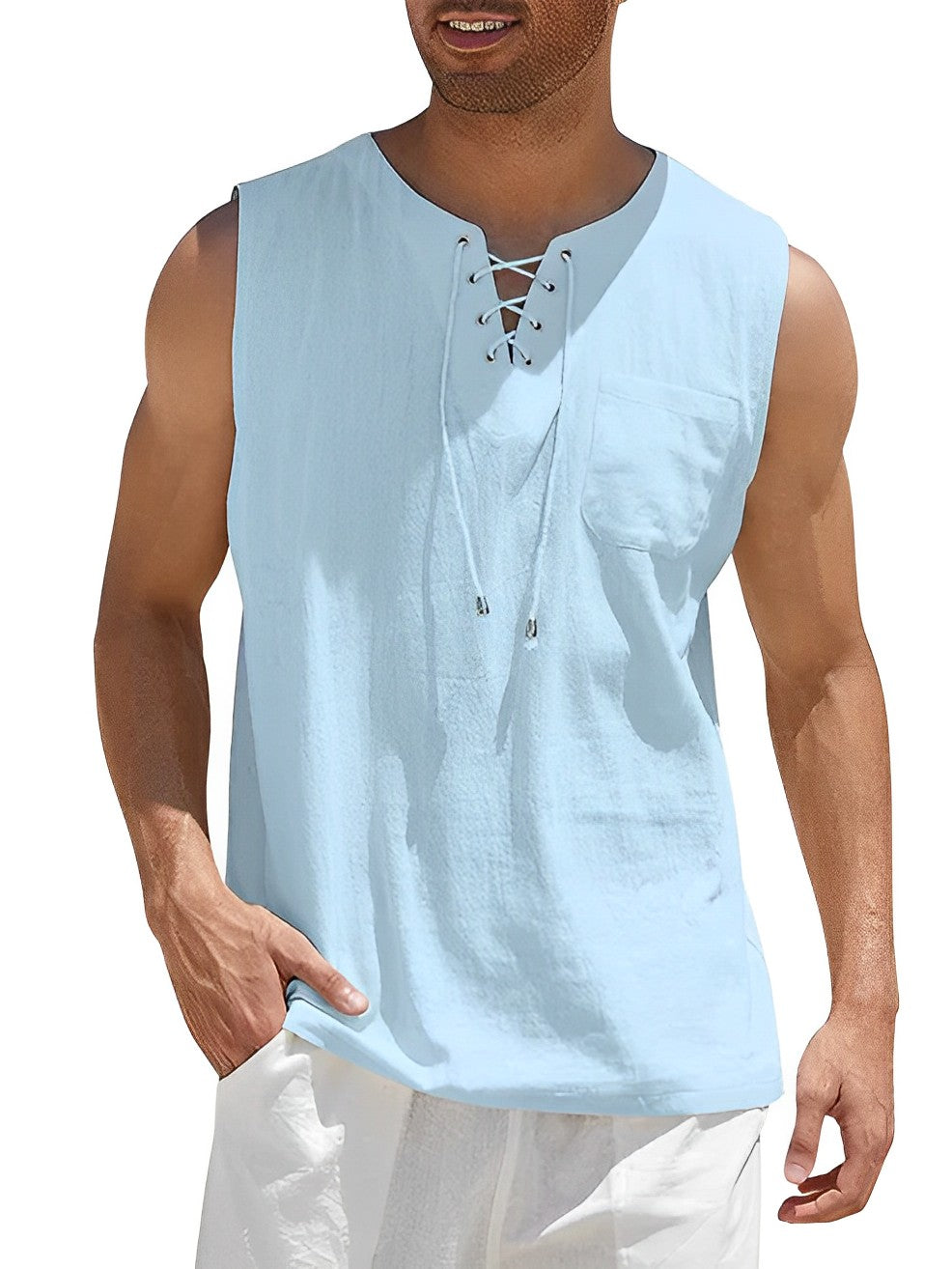 Miesten kevyt puuvillainen hengittävä tanktop, valkoinen, hihaton, rento ja urheilullinen look kesäksi.