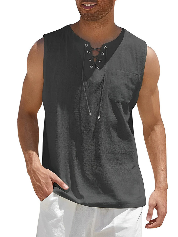 Miesten kevyt puuvillainen hengittävä tanktop, valkoinen, hihaton, rento ja urheilullinen look kesäksi.