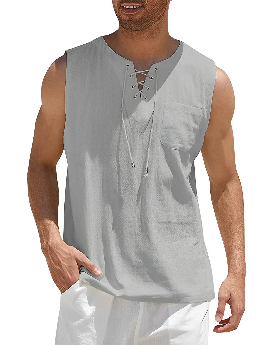 Miesten kevyt puuvillainen hengittävä tanktop, valkoinen, hihaton, rento ja urheilullinen look kesäksi.