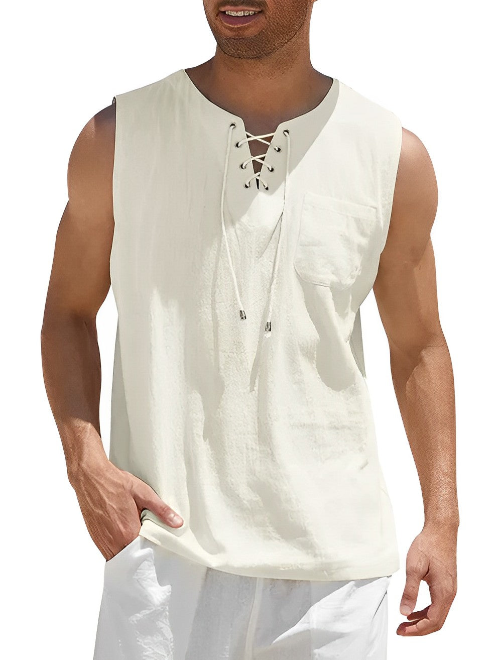 Miesten kevyt puuvillainen hengittävä tanktop, valkoinen, hihaton, rento ja urheilullinen look kesäksi.