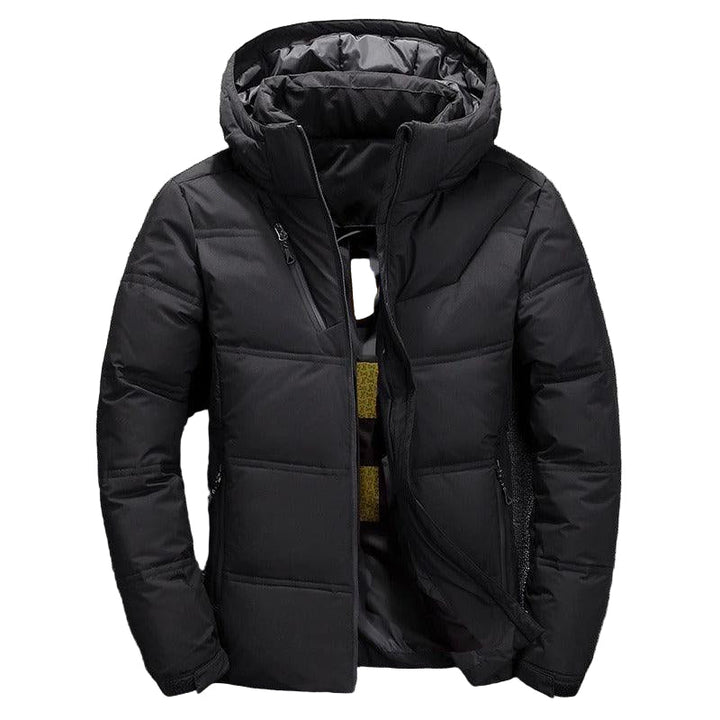 Herre letvægts dunjakke, moderne puffer-design, sort farve, varm og stilfuld vinterjakke