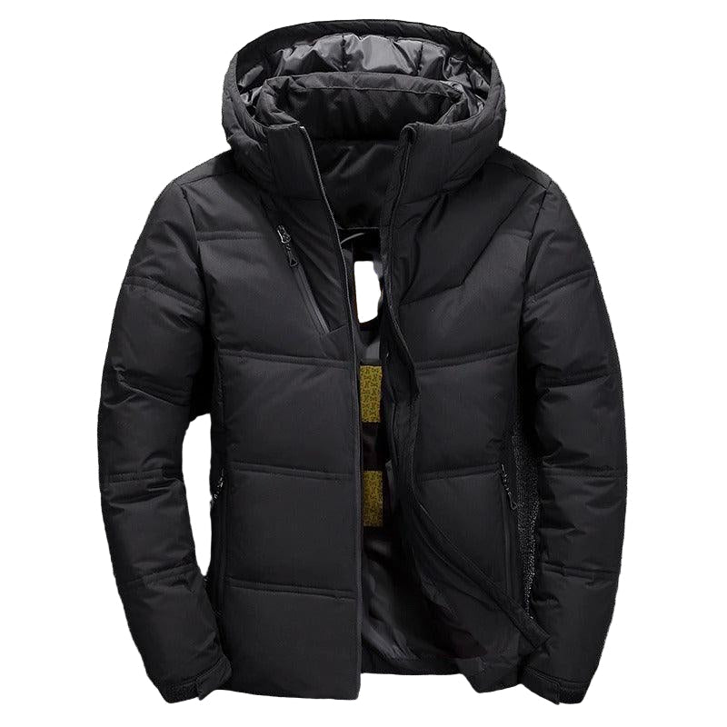 Herre letvægts dunjakke, moderne puffer-design, sort farve, varm og stilfuld vinterjakke