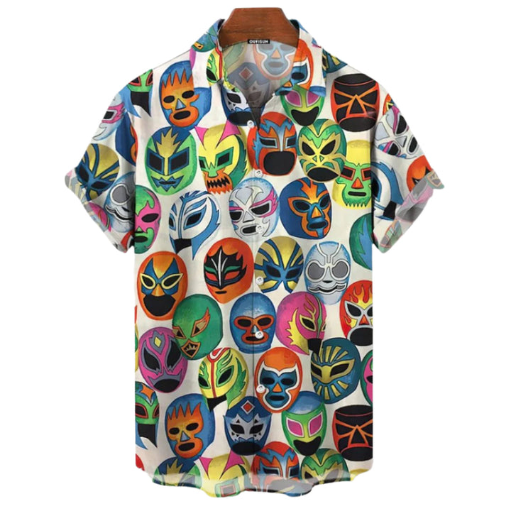 Herre T-shirt med maske print, glad lucha-print, perfekt til sommerdage og festivaler.