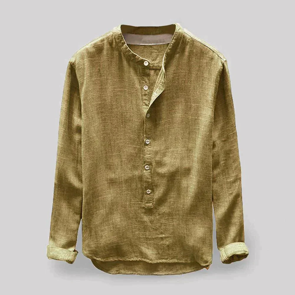 Miesten klassinen harmaa-sininen pellavajäljitelmäpusero; elegantti ja hengittävä, sopii arkeen tai juhlaan.