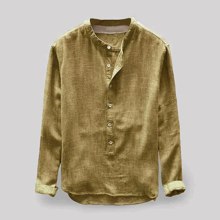 Miesten klassinen harmaa-sininen pellavajäljitelmäpusero; elegantti ja hengittävä, sopii arkeen tai juhlaan.