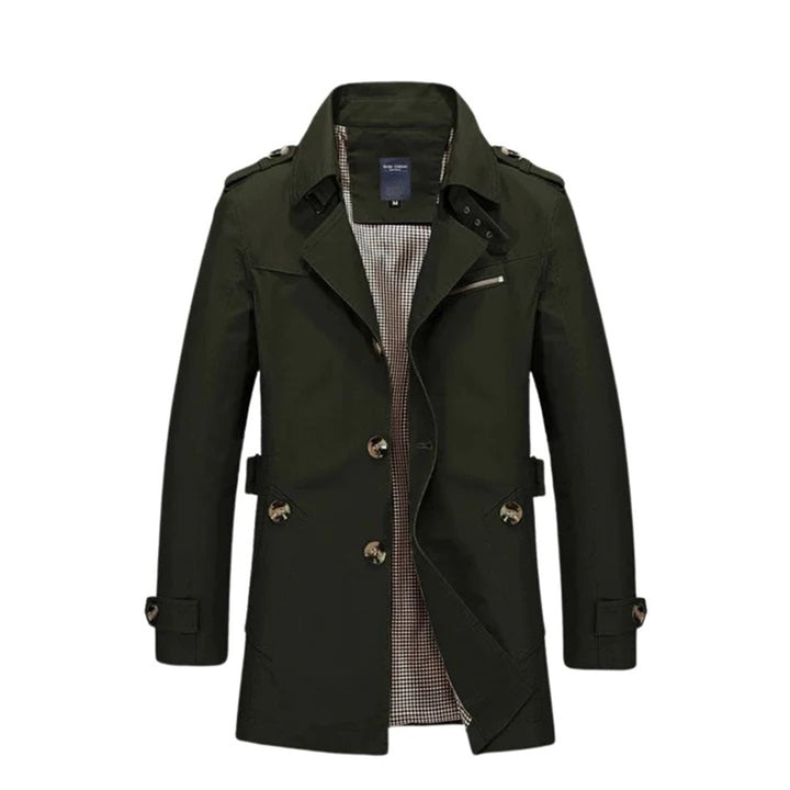 Mænds klassiske trenchcoat, lige snit, ensfarvet, afslappet stil, egnet til forår og efterår.