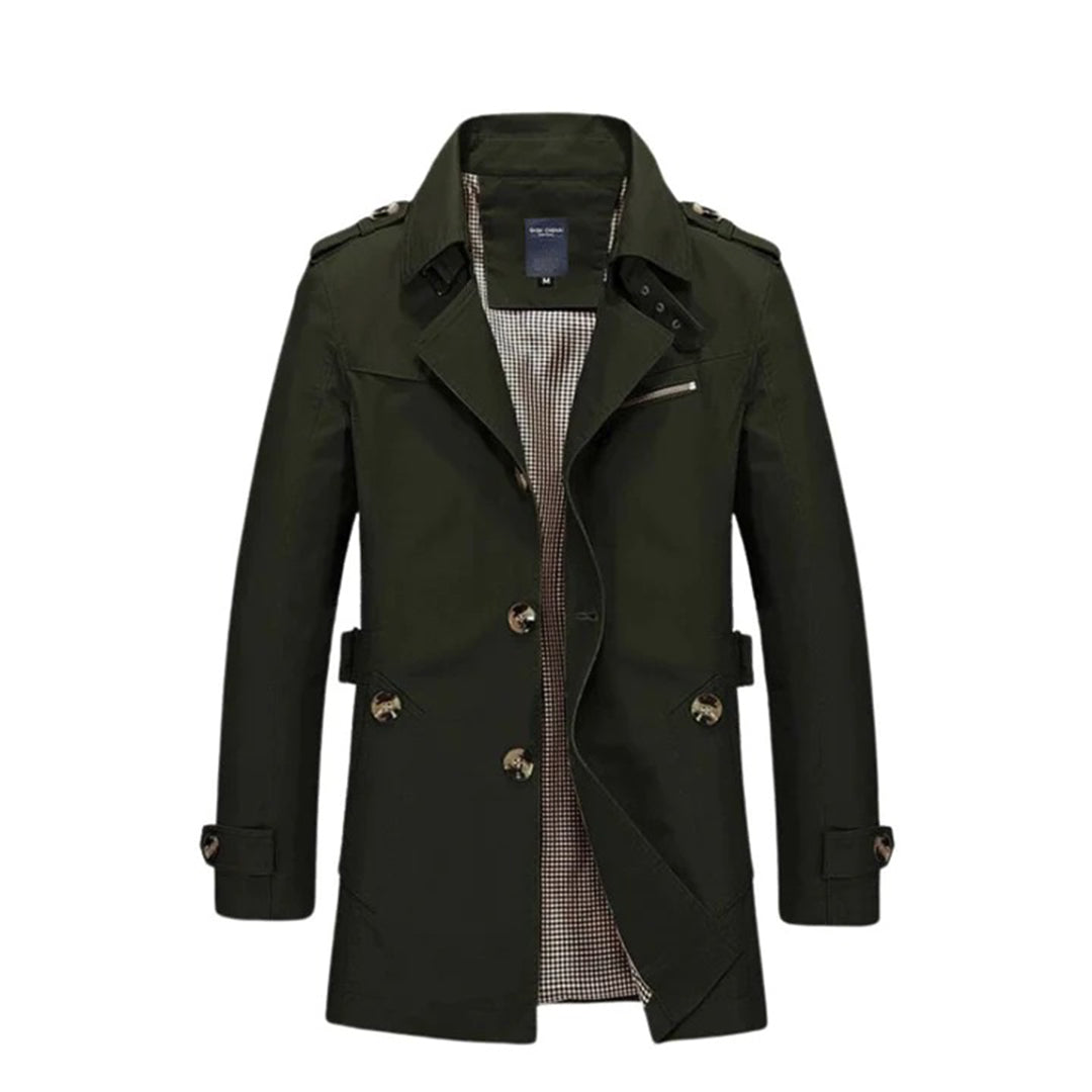 Mænds klassiske trenchcoat, lige snit, ensfarvet, afslappet stil, egnet til forår og efterår.