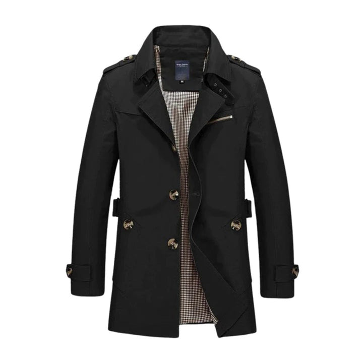 Mænds klassiske trenchcoat, lige snit, ensfarvet, afslappet stil, egnet til forår og efterår.