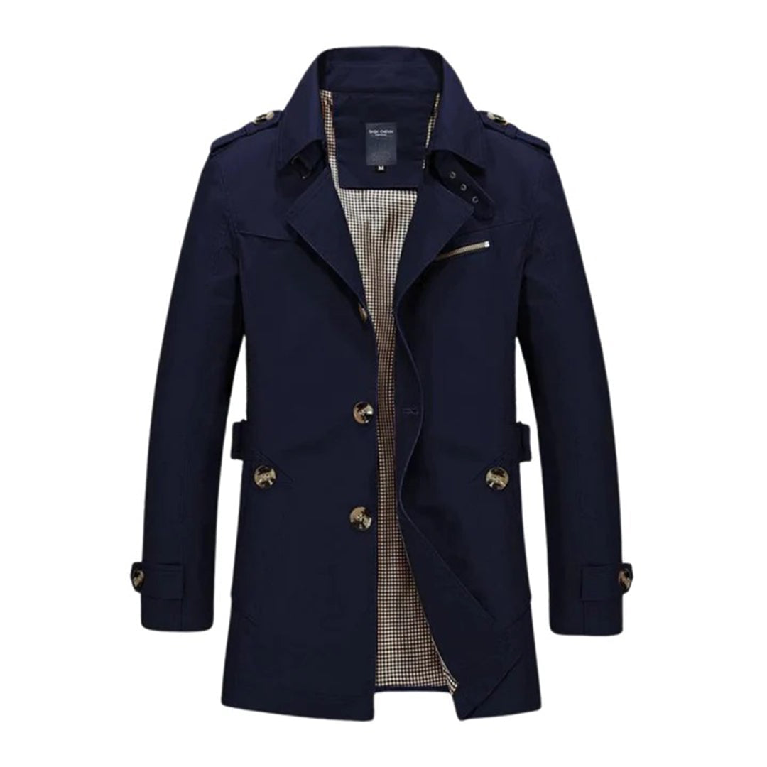 Mænds klassiske trenchcoat, lige snit, ensfarvet, afslappet stil, egnet til forår og efterår.