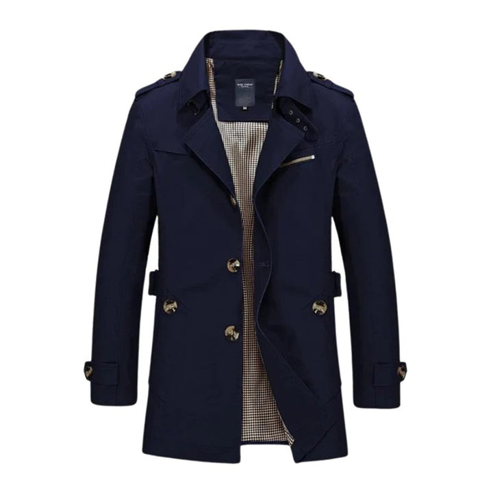 Mænds klassiske trenchcoat, lige snit, ensfarvet, afslappet stil, egnet til forår og efterår.
