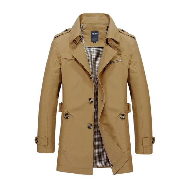 Mænds klassiske trenchcoat, lige snit, ensfarvet, afslappet stil, egnet til forår og efterår.