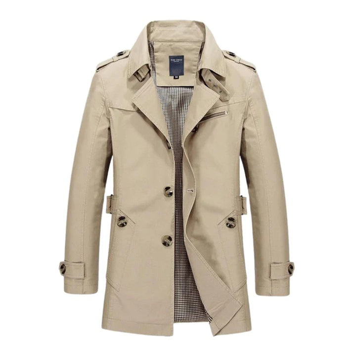 Mænds klassiske trenchcoat, lige snit, ensfarvet, afslappet stil, egnet til forår og efterår.