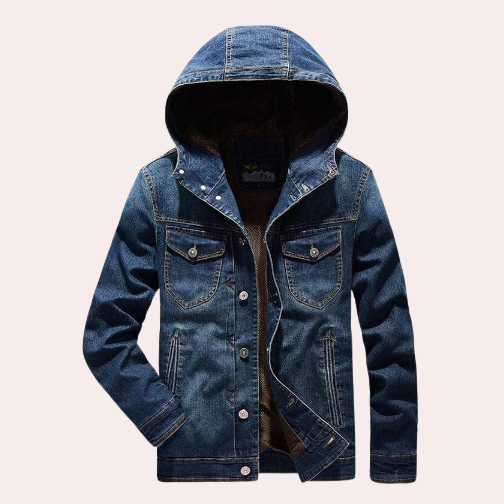 Herre Klassisk Mørkeblå Denimjakke, afslappet pasform, tidløst design, velegnet til hverdags- og udendørs brug.