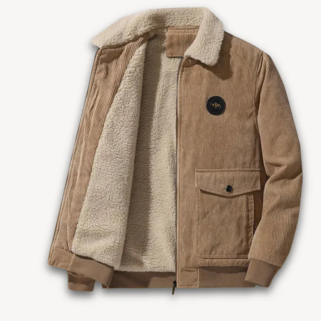 Mænds klassiske fløjlsjakke med sherpafór, rummelige forlommer, sort, forfra, designet til koldt vejr med stil.