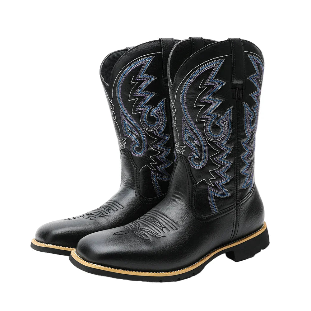 "Miesten korkeat cowboy-saappaat, retrotyylinen nahka, brodeeraus, ruskea sävy, leveä kärki, ajaton look"