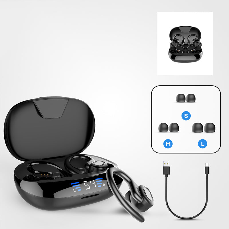 Mænds trådløse sorte og røde LED sport hovedtelefoner med touch-kontrol og ergonomiske ørekroge.
