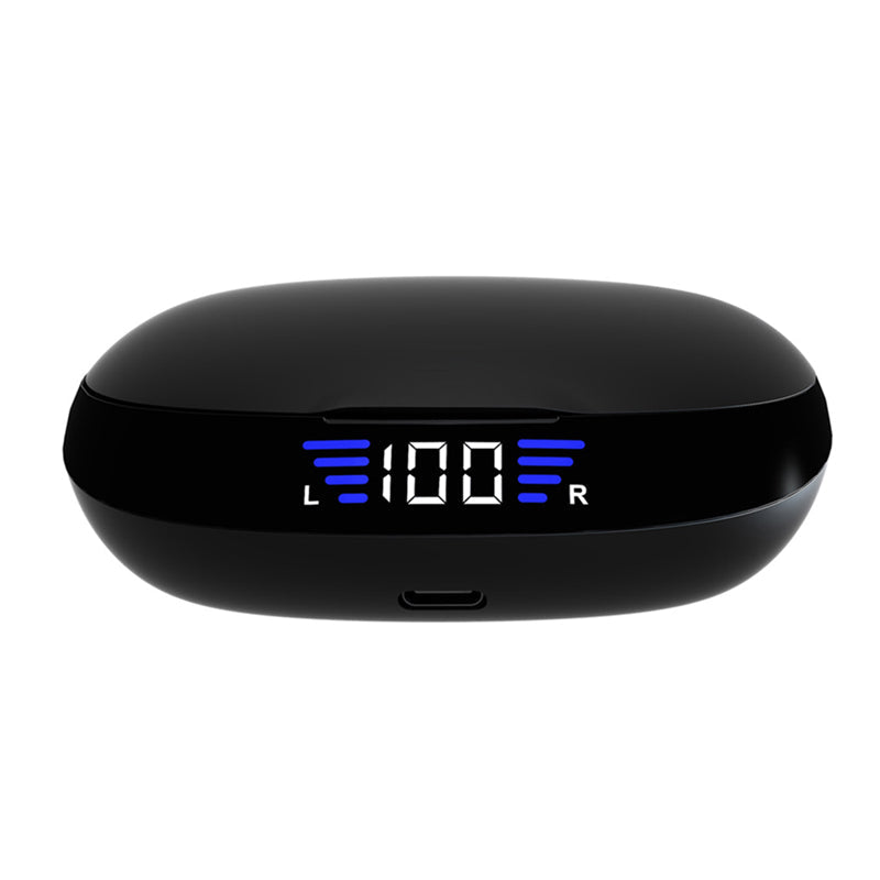 Mænds trådløse sorte og røde LED sport hovedtelefoner med touch-kontrol og ergonomiske ørekroge.