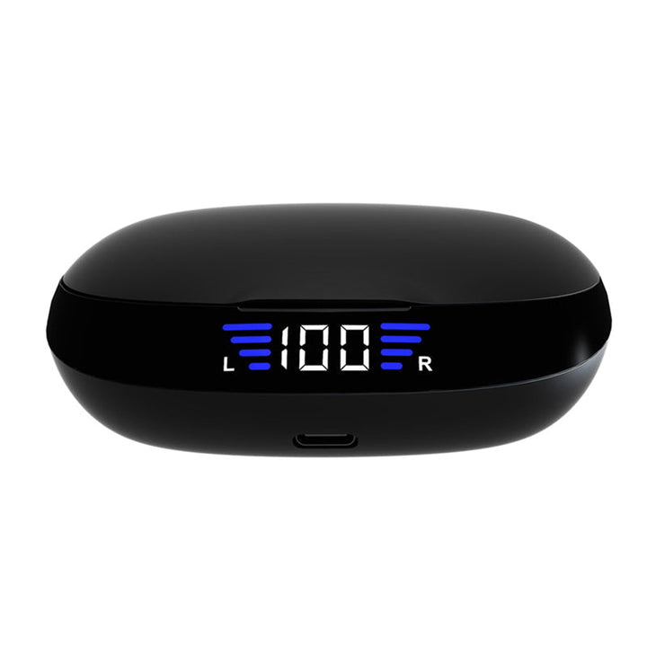 Mænds trådløse sorte og røde LED sport hovedtelefoner med touch-kontrol og ergonomiske ørekroge.