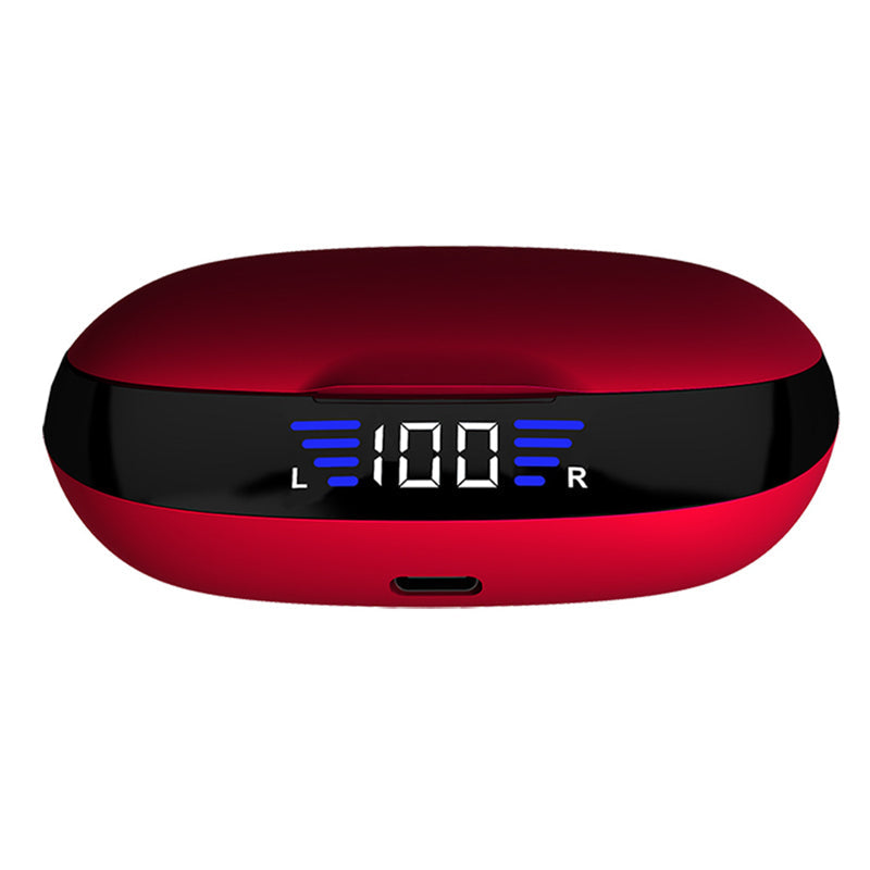Mænds trådløse sorte og røde LED sport hovedtelefoner med touch-kontrol og ergonomiske ørekroge.
