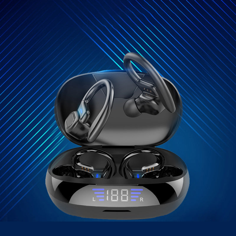 Mænds trådløse sorte og røde LED sport hovedtelefoner med touch-kontrol og ergonomiske ørekroge.