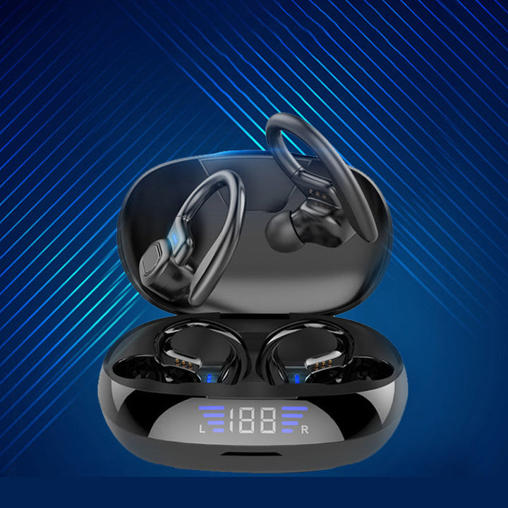 Mænds trådløse sorte og røde LED sport hovedtelefoner med touch-kontrol og ergonomiske ørekroge.