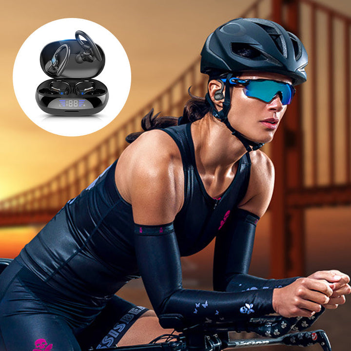 Mænds trådløse sorte og røde LED sport hovedtelefoner med touch-kontrol og ergonomiske ørekroge.