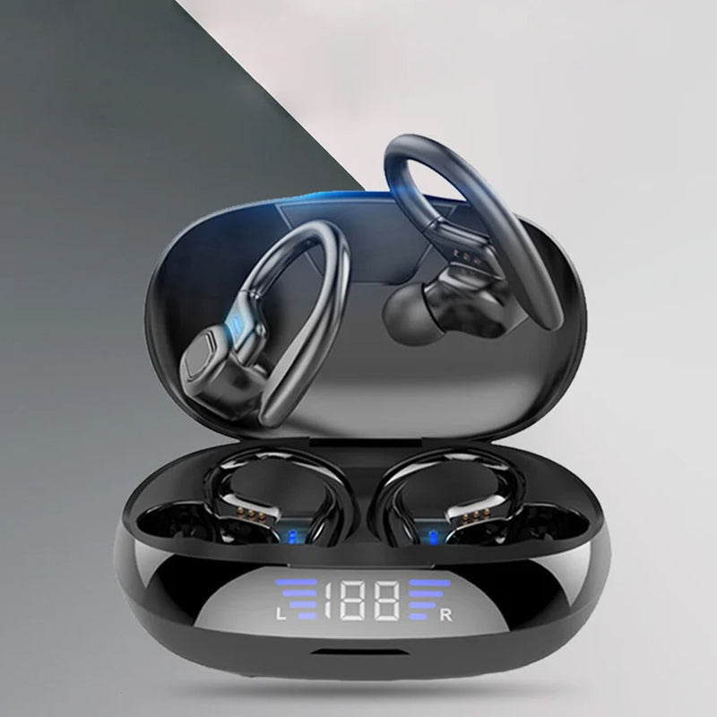 Mænds trådløse sorte og røde LED sport hovedtelefoner med touch-kontrol og ergonomiske ørekroge.