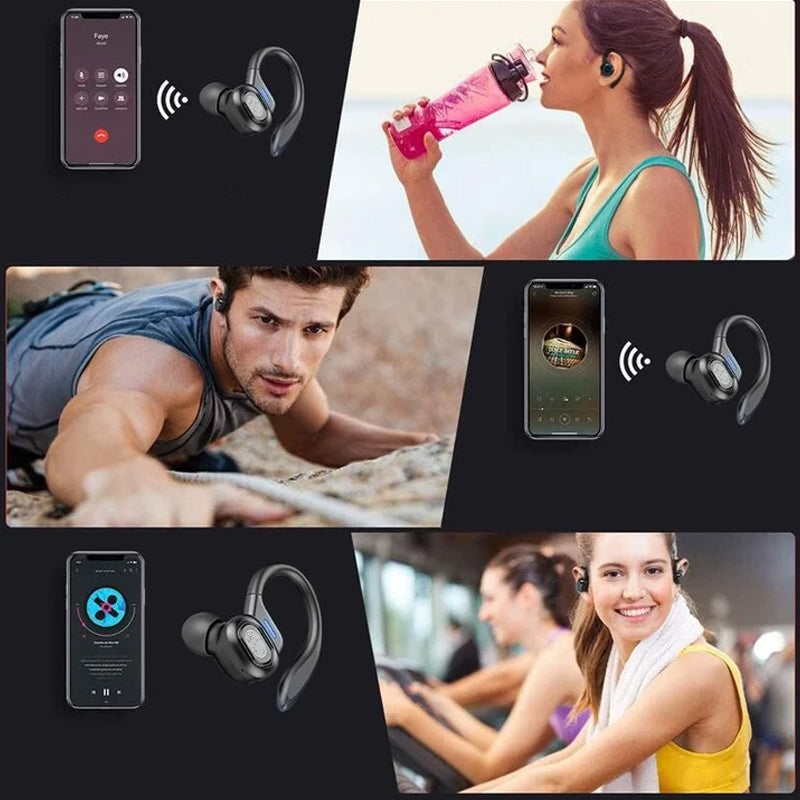 Mænds trådløse sorte og røde LED sport hovedtelefoner med touch-kontrol og ergonomiske ørekroge.
