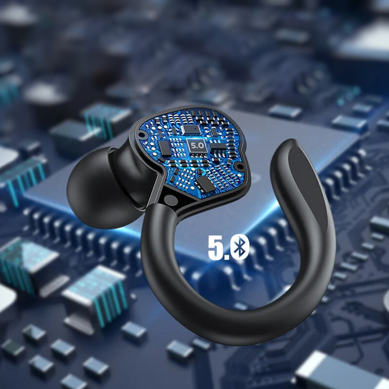 Mænds trådløse sorte og røde LED sport hovedtelefoner med touch-kontrol og ergonomiske ørekroge.