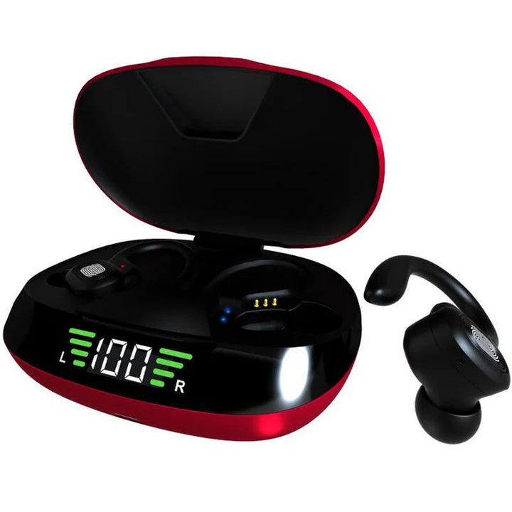 Mænds trådløse sorte og røde LED sport hovedtelefoner med touch-kontrol og ergonomiske ørekroge.