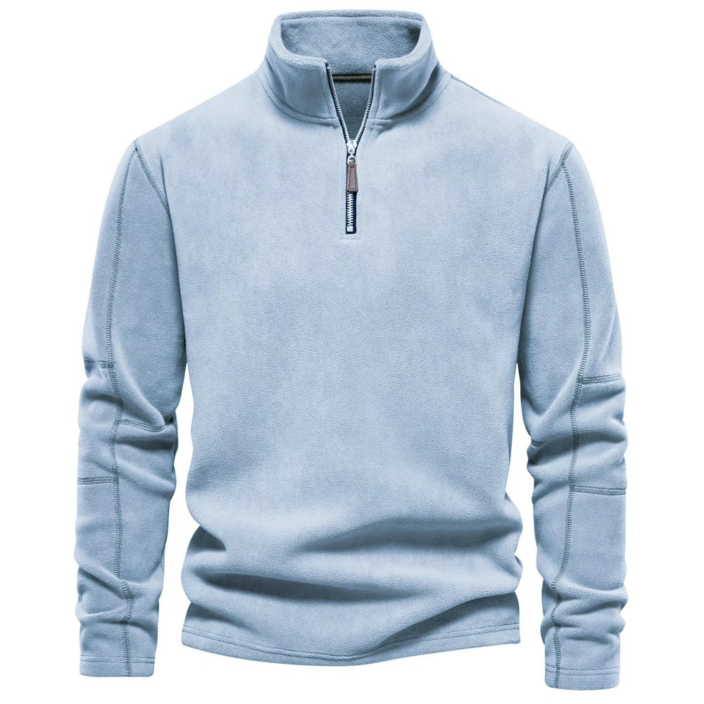 Miesten lämmin fleece soft shell -takki, hengittävä, moderni muotoilu, vetoketjullinen kaulus, tummansininen sävy.