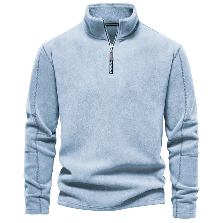Miesten lämmin fleece soft shell -takki, hengittävä, moderni muotoilu, vetoketjullinen kaulus, tummansininen sävy.
