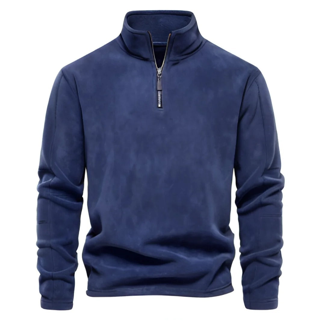 Miesten lämmin fleece soft shell -takki, hengittävä, moderni muotoilu, vetoketjullinen kaulus, tummansininen sävy.