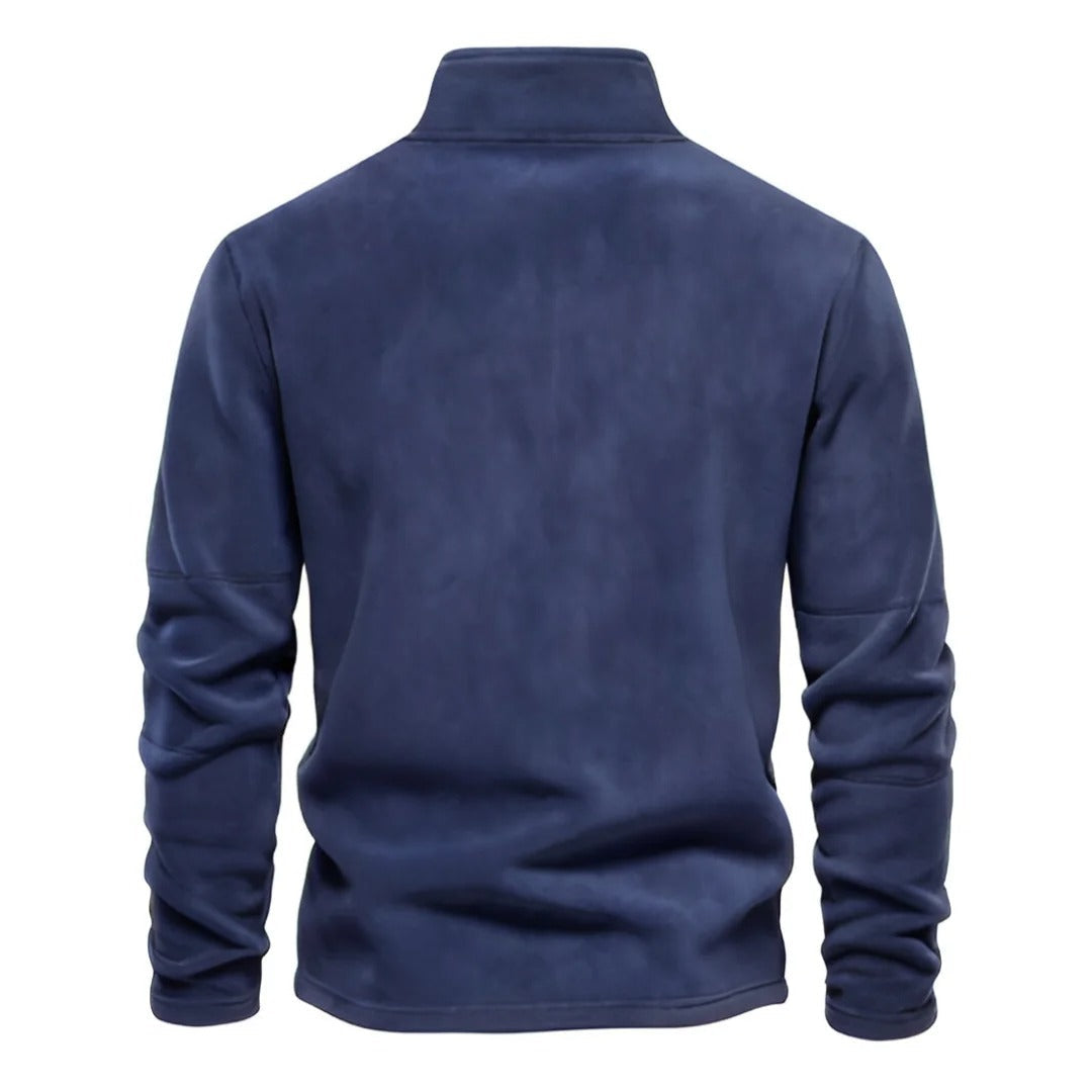 Miesten lämmin fleece soft shell -takki, hengittävä, moderni muotoilu, vetoketjullinen kaulus, tummansininen sävy.