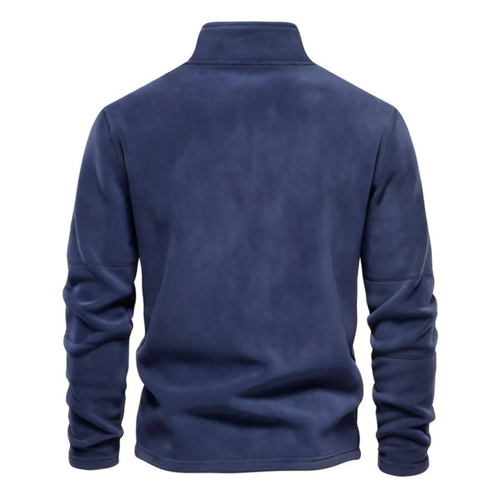 Miesten lämmin fleece soft shell -takki, hengittävä, moderni muotoilu, vetoketjullinen kaulus, tummansininen sävy.