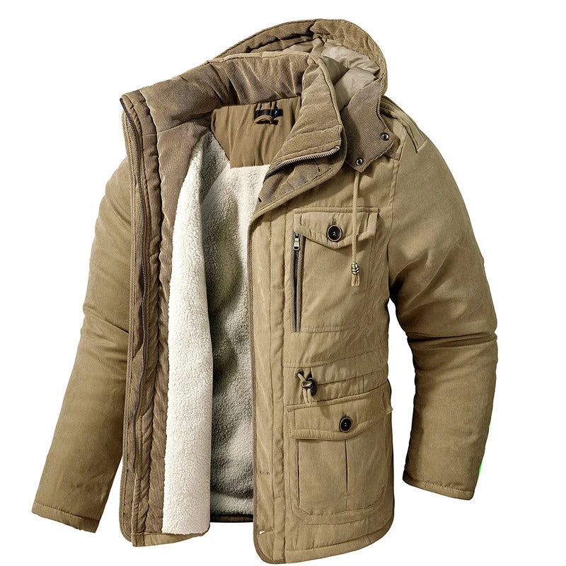 Mænds varme fleece parka vinterjakke, khaki farve, alsidige lommer, vindtæt, holdbar konstruktion.