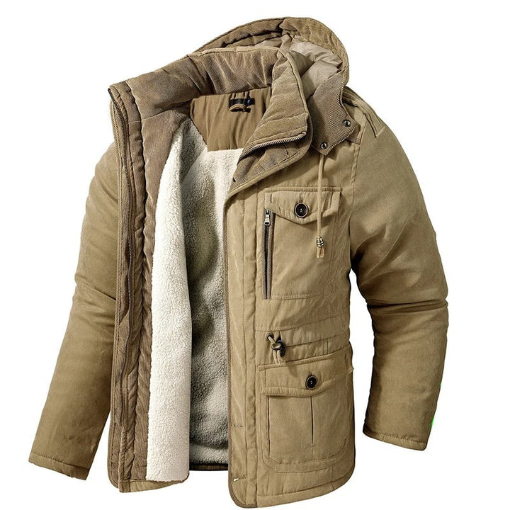 Mænds varme fleece parka vinterjakke, khaki farve, alsidige lommer, vindtæt, holdbar konstruktion.