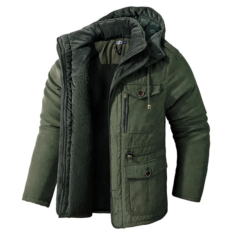 Mænds varme fleece parka vinterjakke, grøn farve, alsidige lommer, vindtæt, holdbar konstruktion.