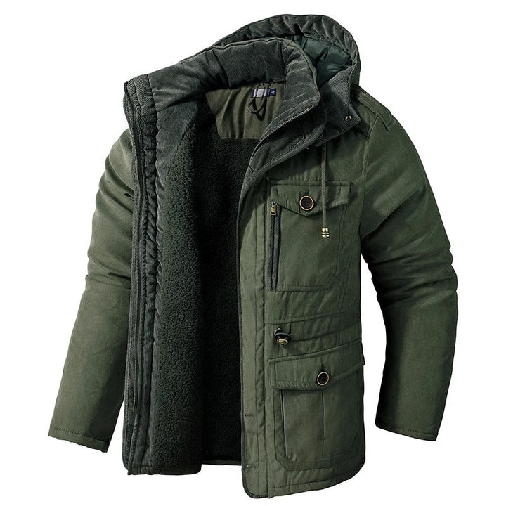 Mænds varme fleece parka vinterjakke, grøn farve, alsidige lommer, vindtæt, holdbar konstruktion.