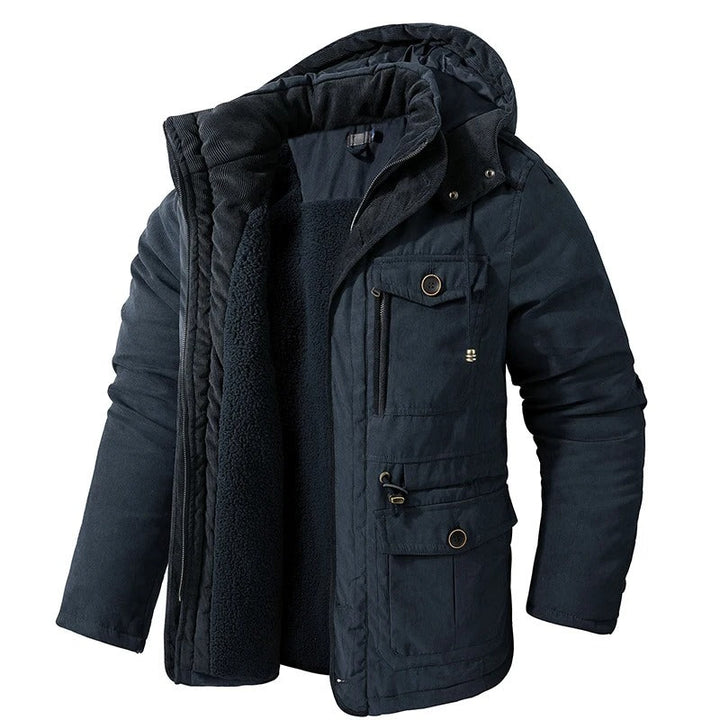 Mænds varme fleece parka vinterjakke, grøn farve, alsidige lommer, vindtæt, holdbar konstruktion.