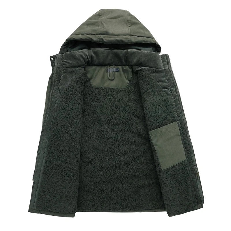 Mænds varme fleece parka vinterjakke, blå farve, alsidige lommer, vindtæt, holdbar konstruktion.