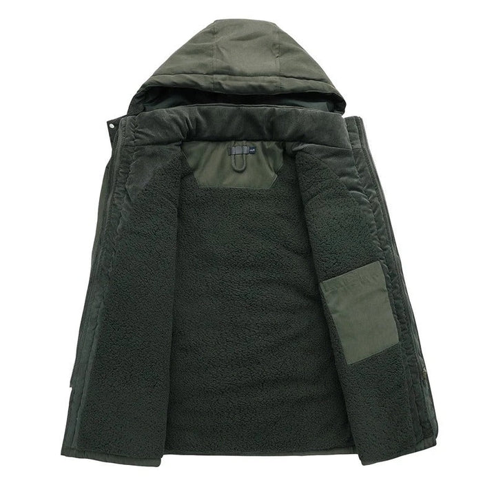 Mænds varme fleece parka vinterjakke, blå farve, alsidige lommer, vindtæt, holdbar konstruktion.