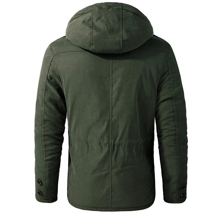 Mænds varme fleece parka vinterjakke, detaljeret billede af lynlås og manchetter.