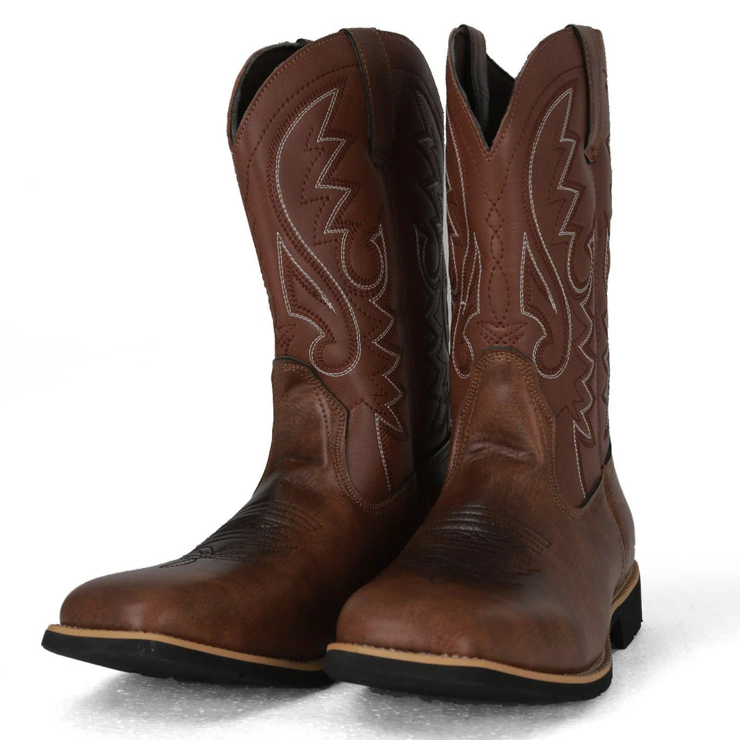 Miesten länsimaiset cowboy-keinonahkasaappaat toteemikuviolla, kestävä PU-nahka, slip-on, keskikorkea malli.